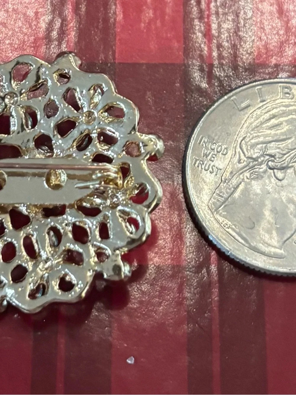 Blue Rhinestone crystal filigree clover flower gold tone brooch